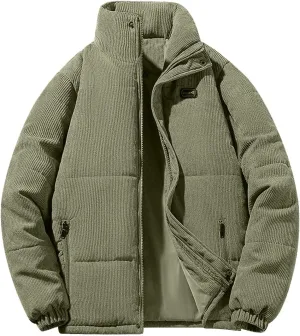 Mens Corduroy Puffer Jacket Winter Quilted Thermal Coat Lightweight Mock Neck Zip Ribbed Short Down Jackets Outerwear
