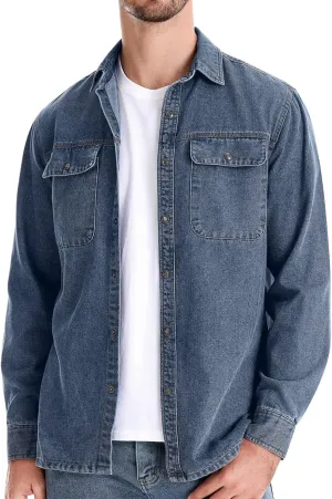 Mens Denim Jacket Solid Button Down Denim Shirt Casual Pockets Long Sleeve Washed Coat Fashion Slim Cowboy Coat