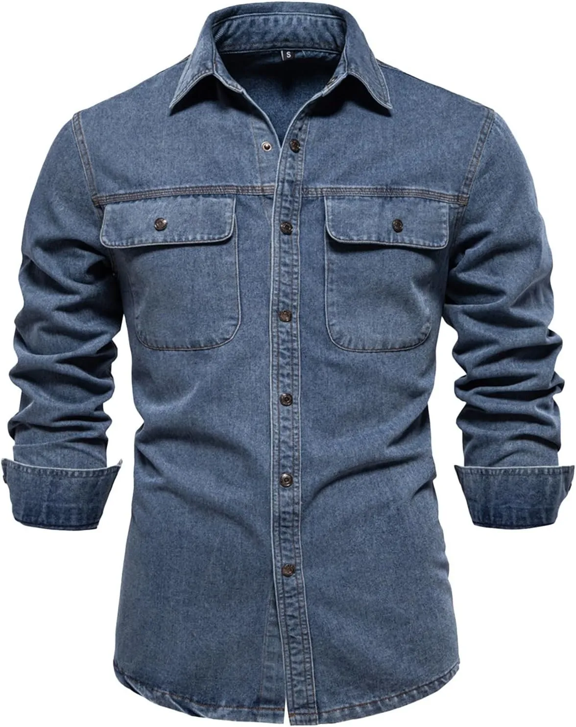 Mens Denim Jacket Solid Button Down Denim Shirt Casual Pockets Long Sleeve Washed Coat Fashion Slim Cowboy Coat