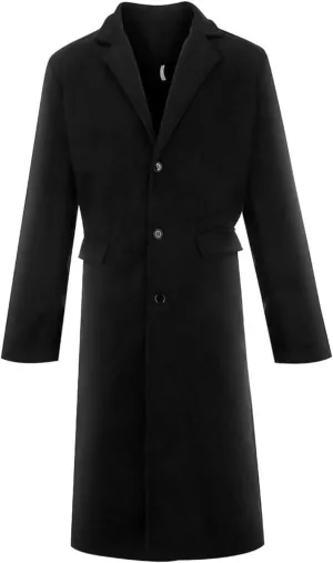 Men's Full Length Winter Trench Coat Double Breasted Wool Blend Long Windbreaker Notch Lapel Peacoat Overcoat