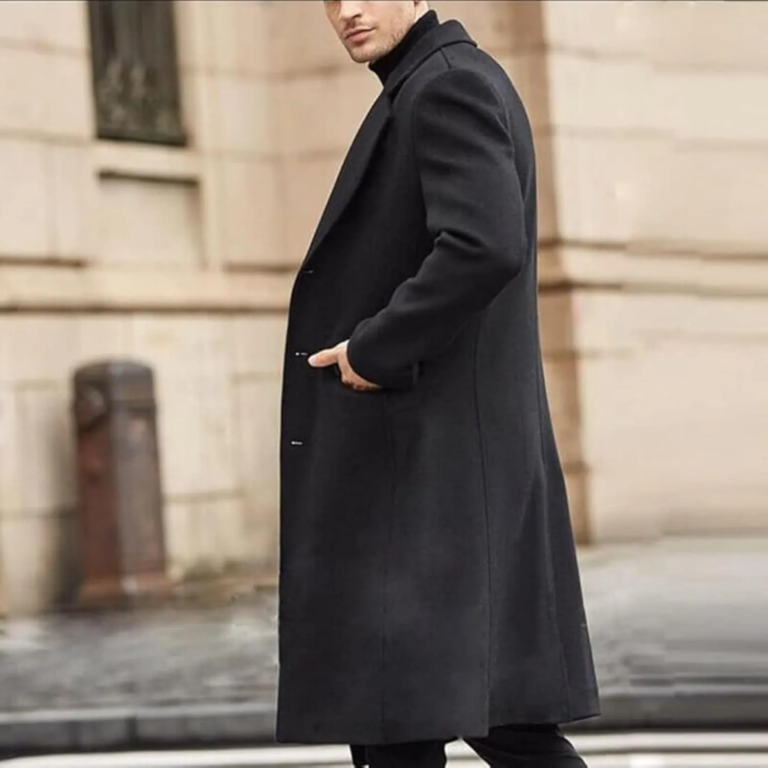 Men's Full Length Winter Trench Coat Double Breasted Wool Blend Long Windbreaker Notch Lapel Peacoat Overcoat
