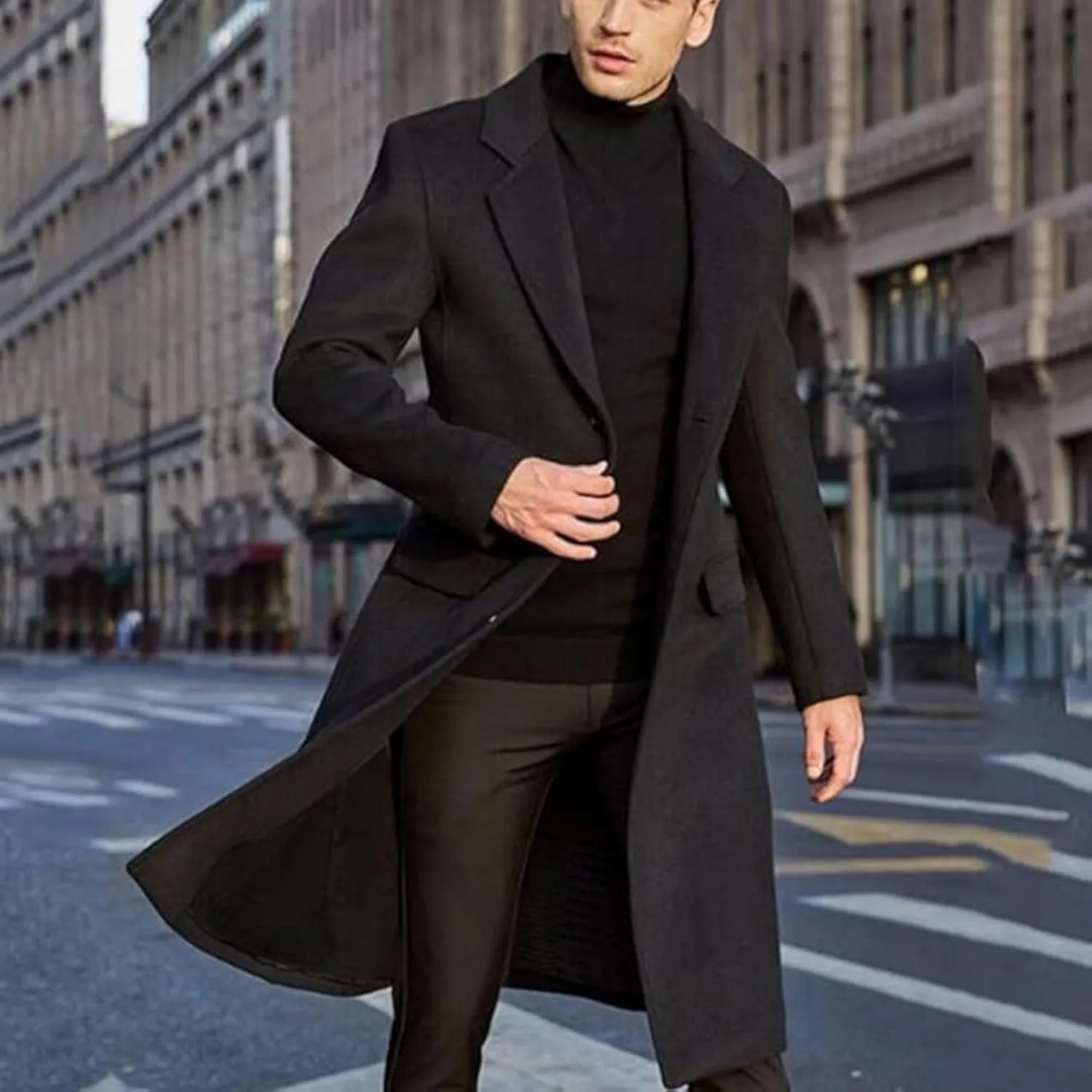 Men's Full Length Winter Trench Coat Double Breasted Wool Blend Long Windbreaker Notch Lapel Peacoat Overcoat