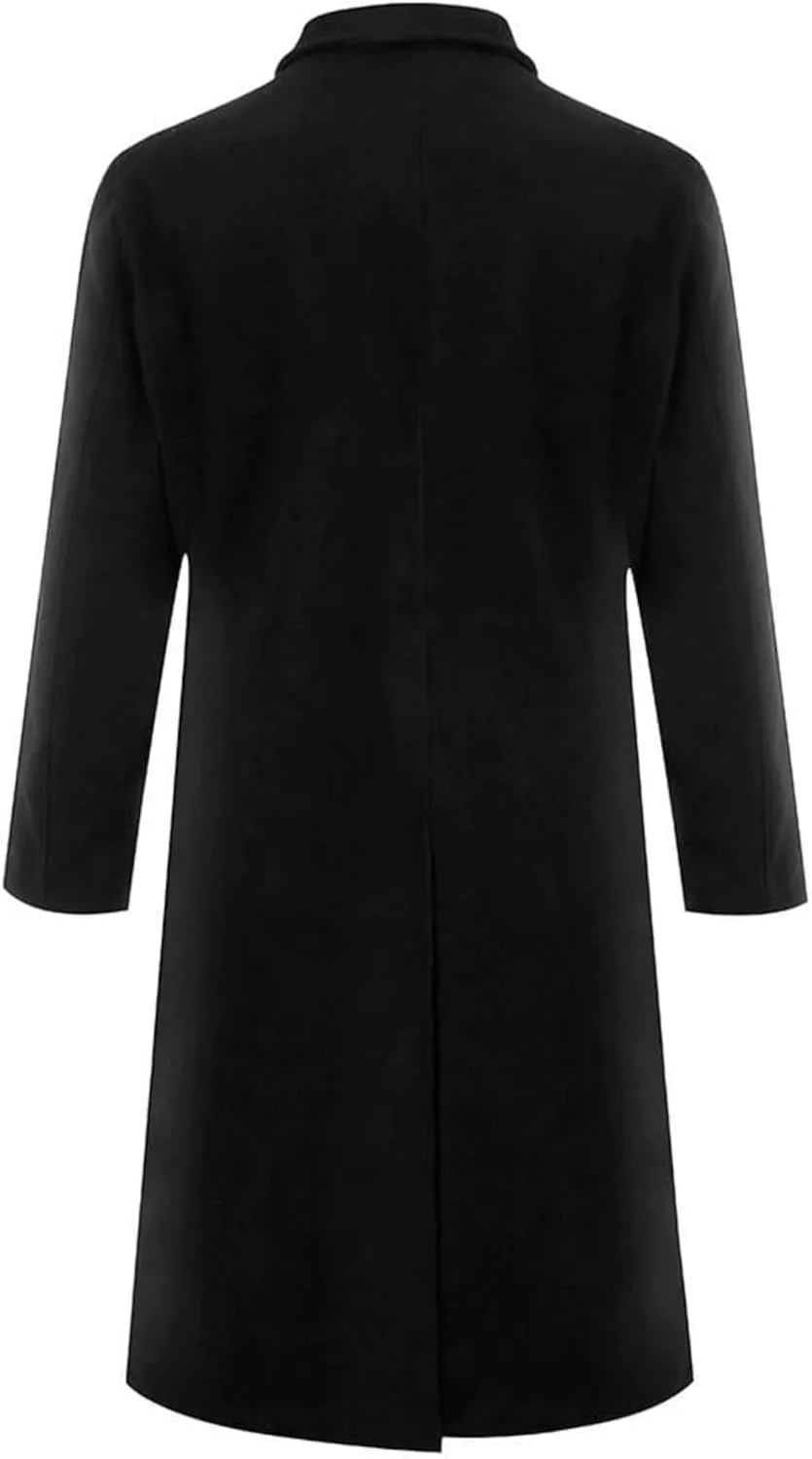 Men's Full Length Winter Trench Coat Double Breasted Wool Blend Long Windbreaker Notch Lapel Peacoat Overcoat