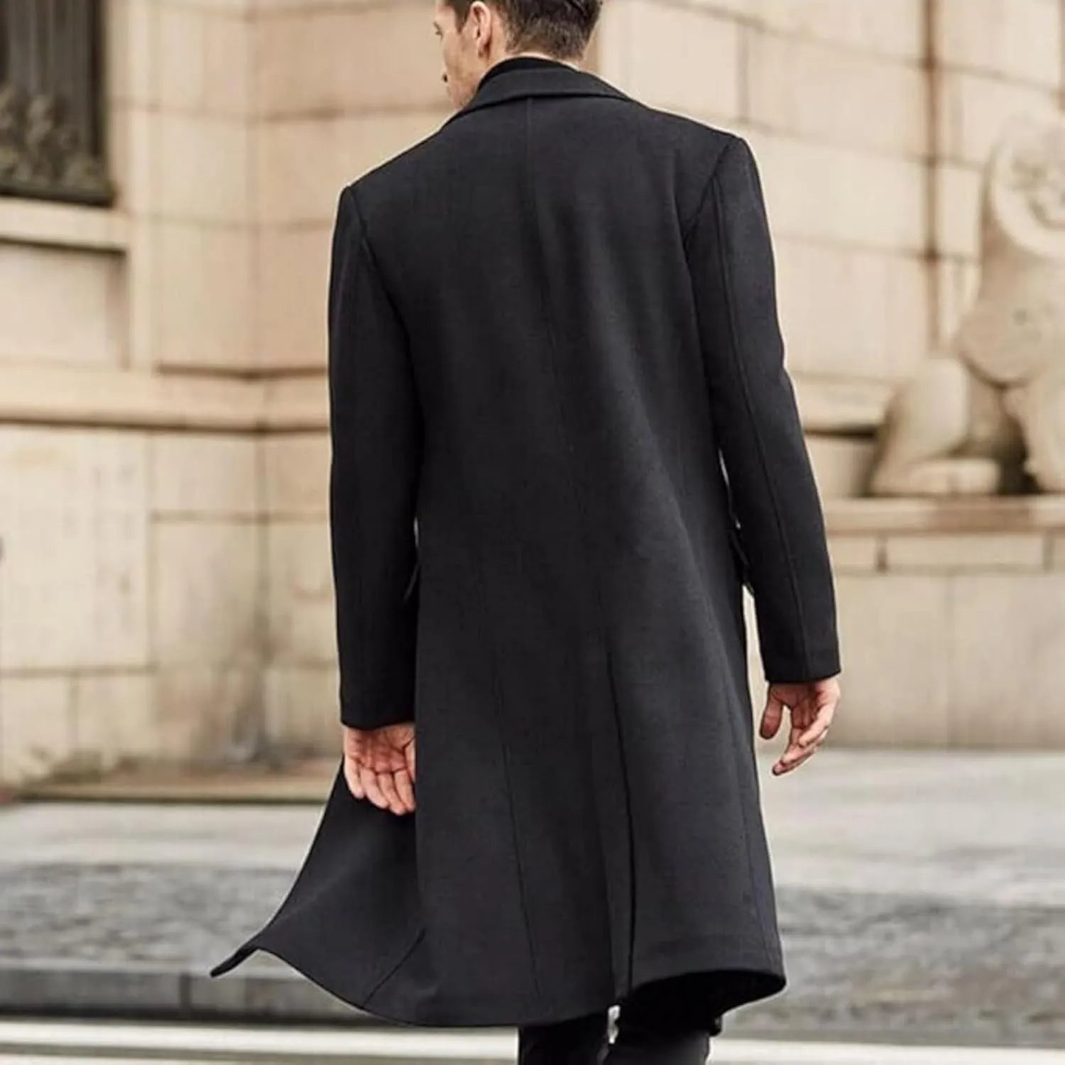 Men's Full Length Winter Trench Coat Double Breasted Wool Blend Long Windbreaker Notch Lapel Peacoat Overcoat