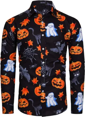 Mens Halloween Shirt Long Sleeve Ugly Pumpkin Casual Button Down Dress Shirts Adult Costume