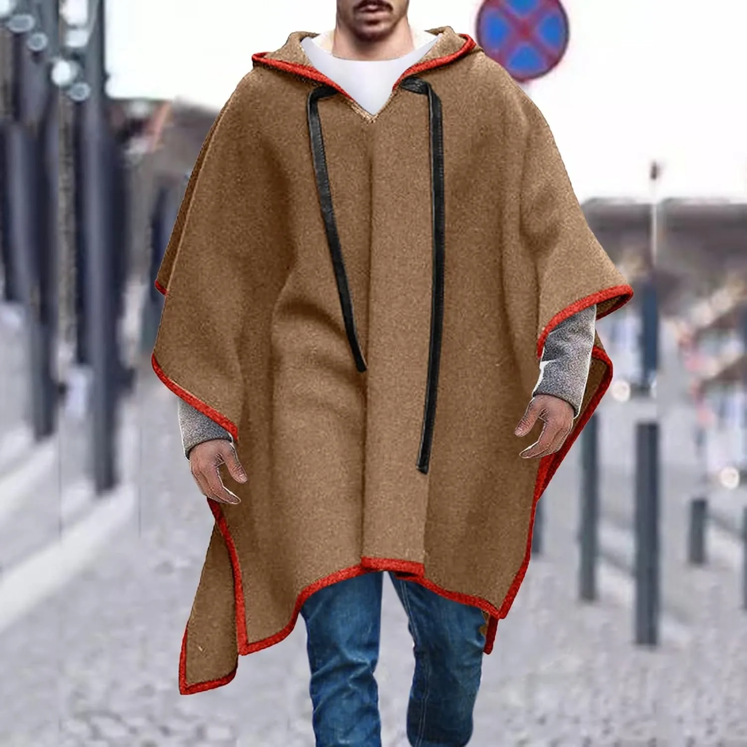 Men's Hooded Poncho Cape Cloak 2024 Winter Warm Pullover Hoodies Oversized Batwing Sleeves Trendy Overcoat