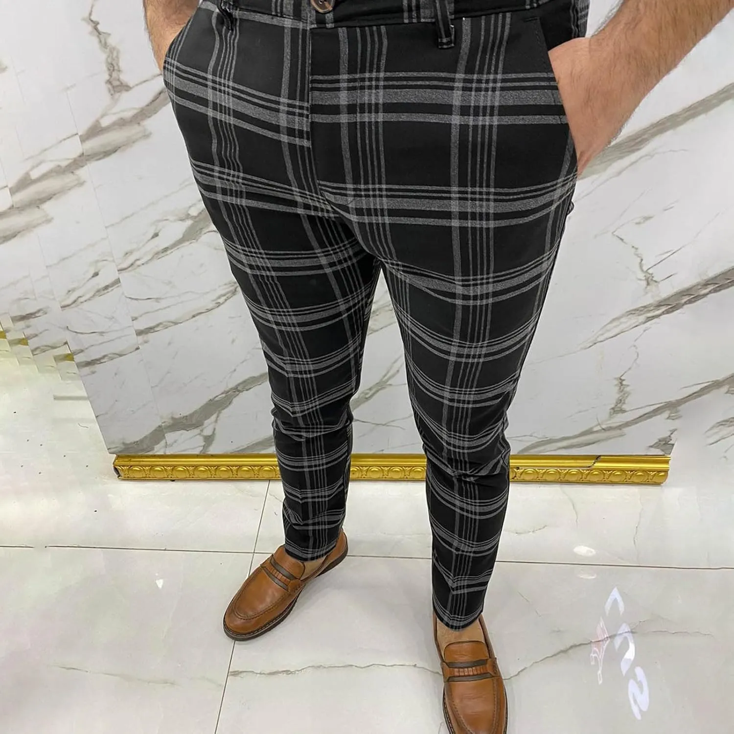 Mens Plaid Pants Skinny Dress Pants Stretch Slim Fit Business Casual Dress Chinos Pants for Men