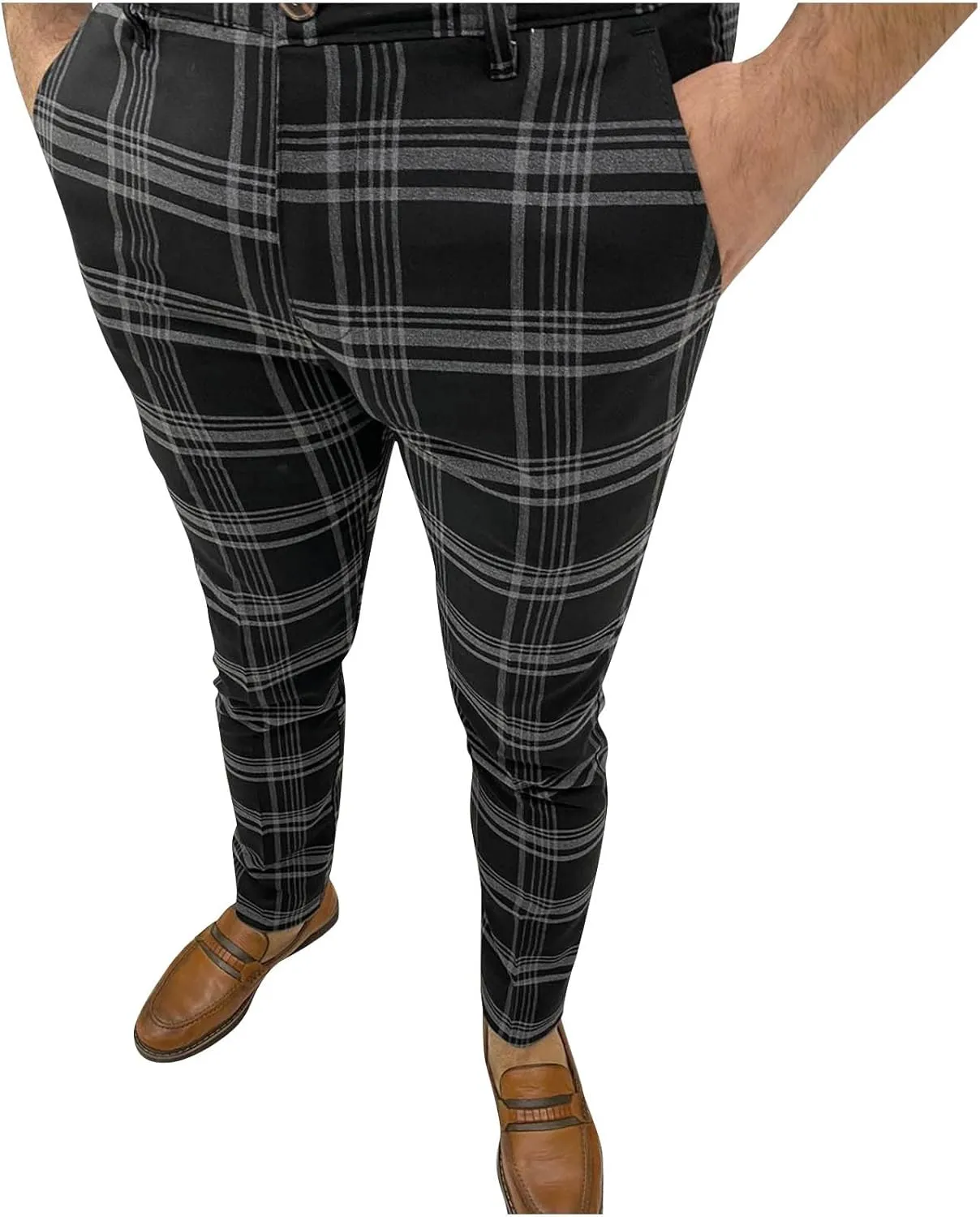 Mens Plaid Pants Skinny Dress Pants Stretch Slim Fit Business Casual Dress Chinos Pants for Men