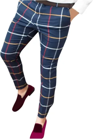 Mens Plaid Stretch Dress Pants Slim Fit Skinny Chino Pant Tapered Leg Checkered Casual Business Golf Work Suit Pants