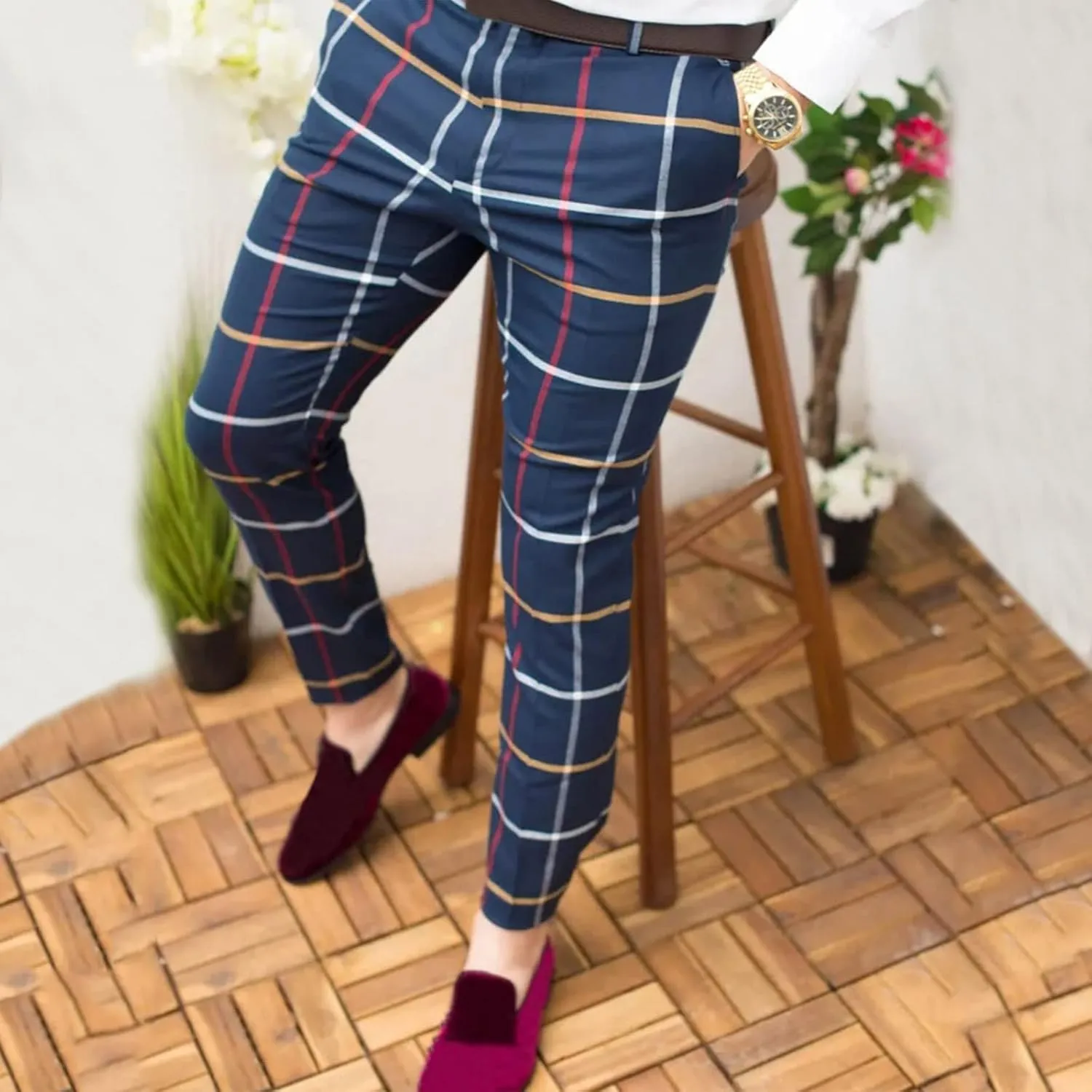 Mens Plaid Stretch Dress Pants Slim Fit Skinny Chino Pant Tapered Leg Checkered Casual Business Golf Work Suit Pants