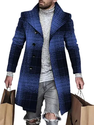 Men's Plaid Trench Coat 2024 Fall Winter Slim Fit Notch Collar Single Breasted Mid Long Peacoat
