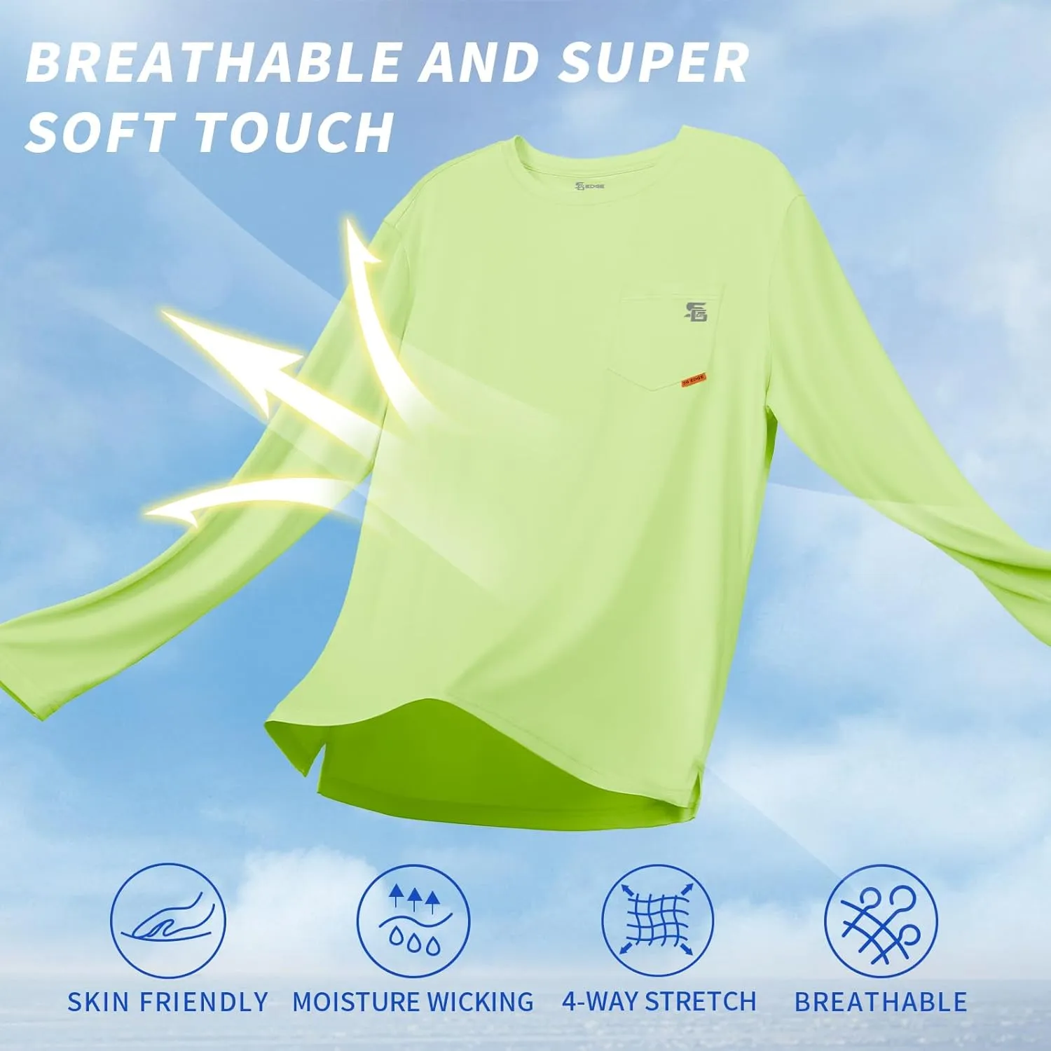 Men's Rash Guard Shirts UPF 50  Moisture Wicking Long Sleeve Chest Pocket Quick Dry Lightweight