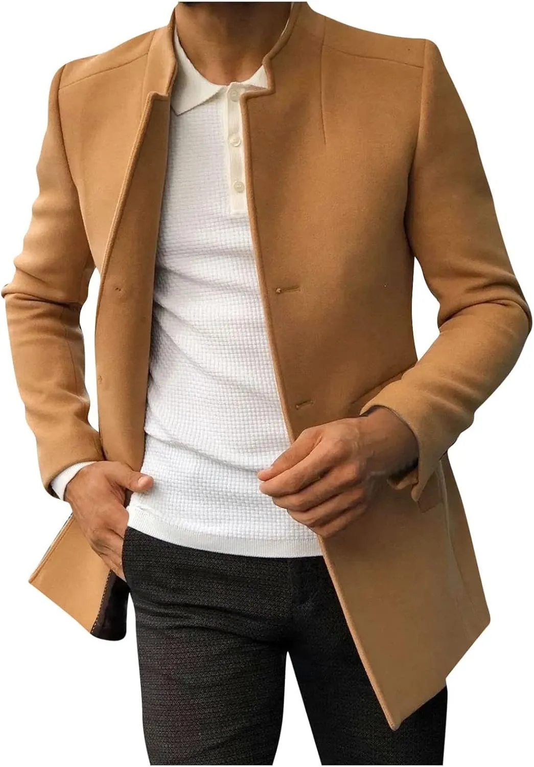 Mens Trench Coat Wool Blend Pea Coat Winter Short Length Single Breasted Jacket Classic Stylish Business Overcoat Outerwear