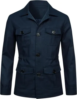 Men's Vintage Blazers Casual Long Sleeve Button Down Linen Jacket Trendy Business Shirt Coat Outwear with 4 Pockets