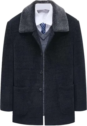 Men's Winter Cashmere Wool Topcoat Fur Collar Winter Casual Jacket Outwear Fleece Lined 2 Buttons Wool Trench