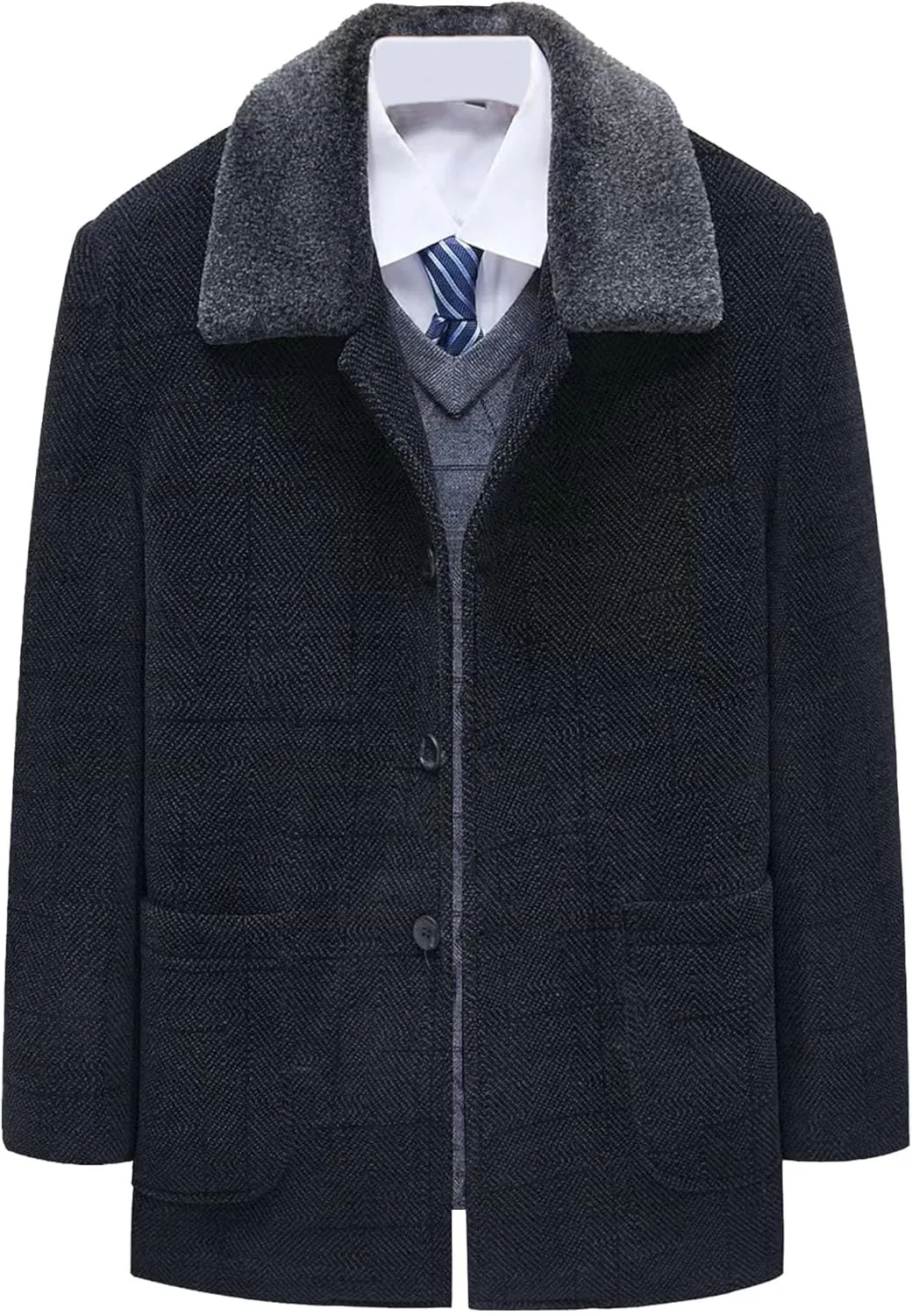 Men's Winter Cashmere Wool Topcoat Fur Collar Winter Casual Jacket Outwear Fleece Lined 2 Buttons Wool Trench
