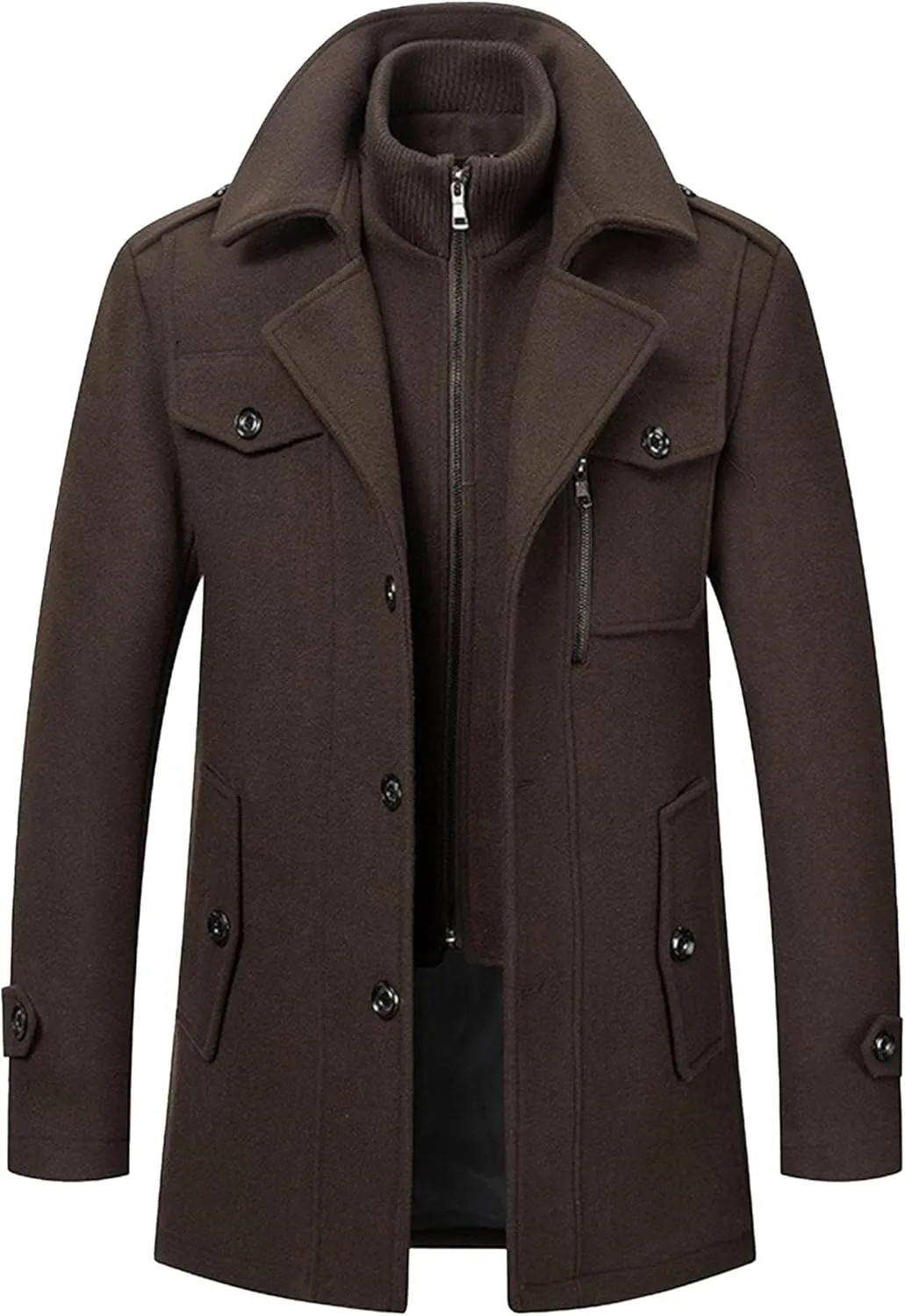 Mens Winter Thicken Wool Jacket Woolen Trench Coat with Detachable Scarf Notched Collar Single Breasted Pea Coats