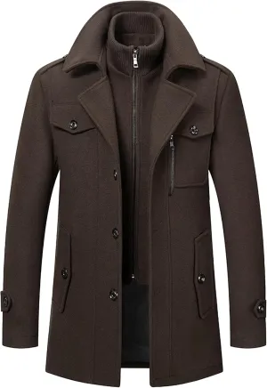 Mens Winter Thicken Wool Jacket Woolen Trench Coat with Detachable Scarf Notched Collar Single Breasted Pea Coats