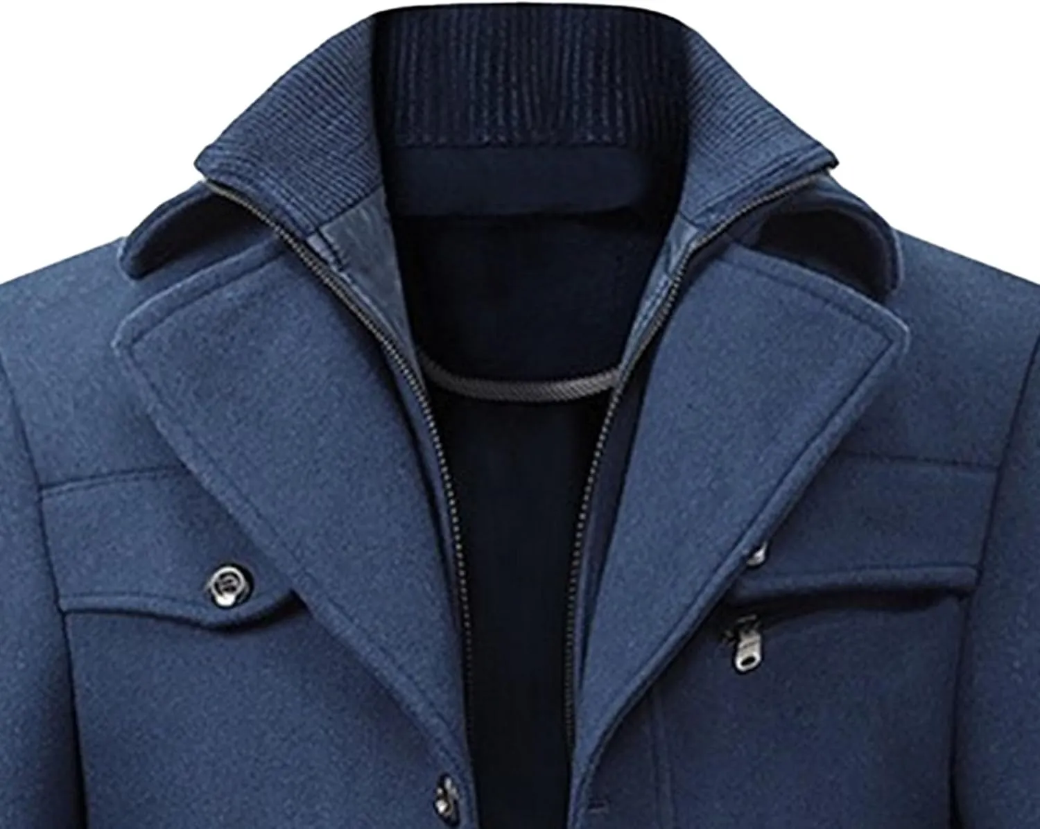 Mens Winter Thicken Wool Jacket Woolen Trench Coat with Detachable Scarf Notched Collar Single Breasted Pea Coats
