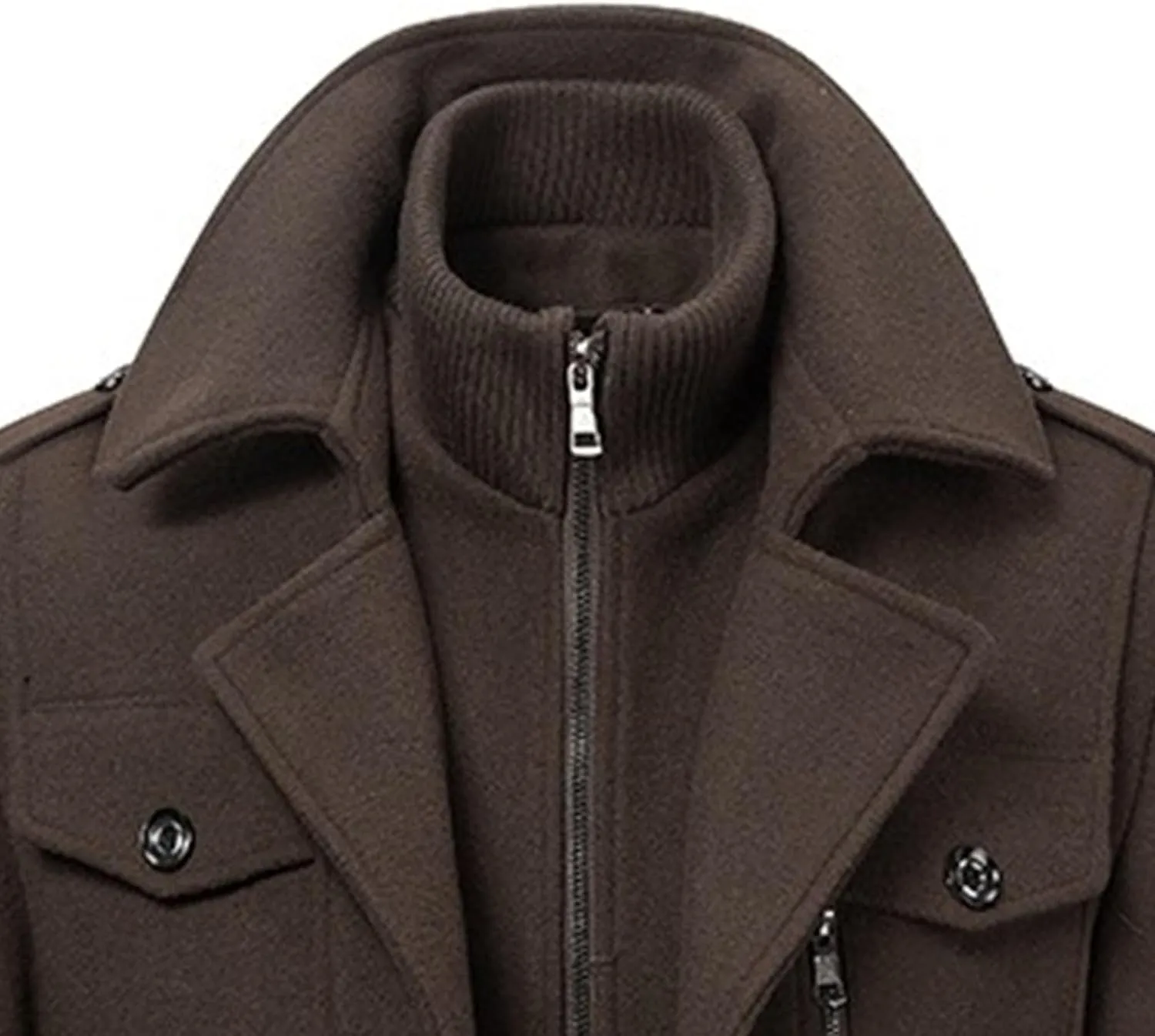 Mens Winter Thicken Wool Jacket Woolen Trench Coat with Detachable Scarf Notched Collar Single Breasted Pea Coats