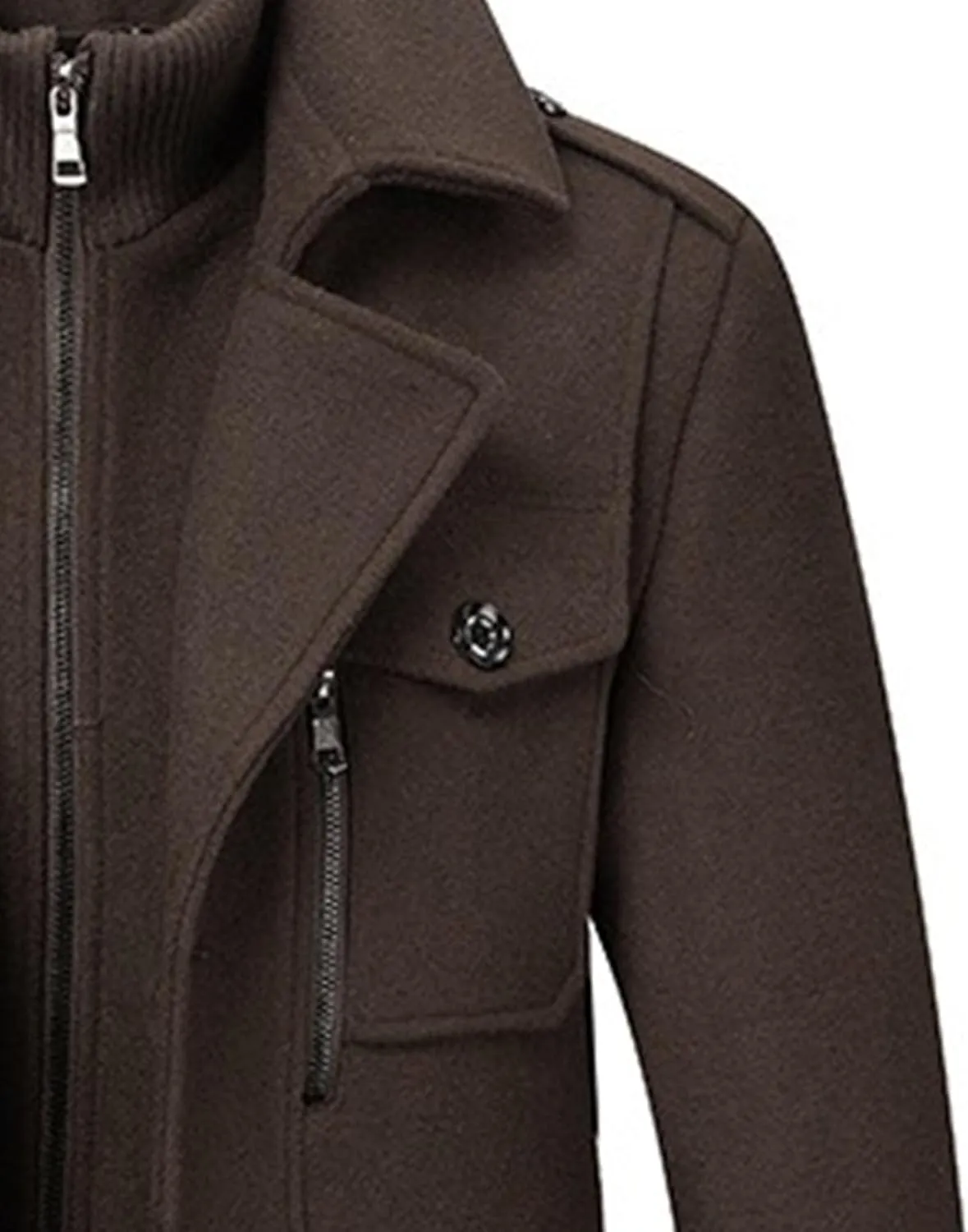 Mens Winter Thicken Wool Jacket Woolen Trench Coat with Detachable Scarf Notched Collar Single Breasted Pea Coats