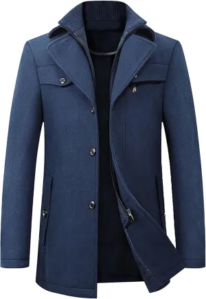 Mens Winter Thicken Wool Jacket Woolen Trench Coat with Detachable Scarf Notched Collar Single Breasted Pea Coats