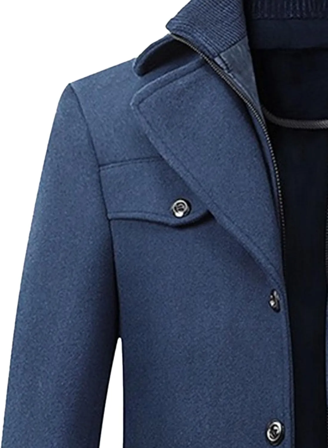 Mens Winter Thicken Wool Jacket Woolen Trench Coat with Detachable Scarf Notched Collar Single Breasted Pea Coats