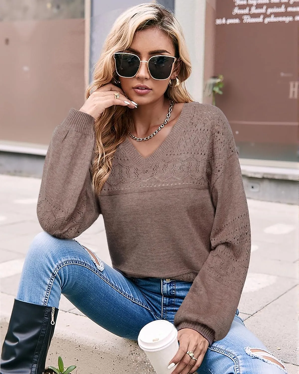Messic Womens Pullover Sweaters 2024 Casual Long Sleeve V Neck Lightweight Loose Knit Tops