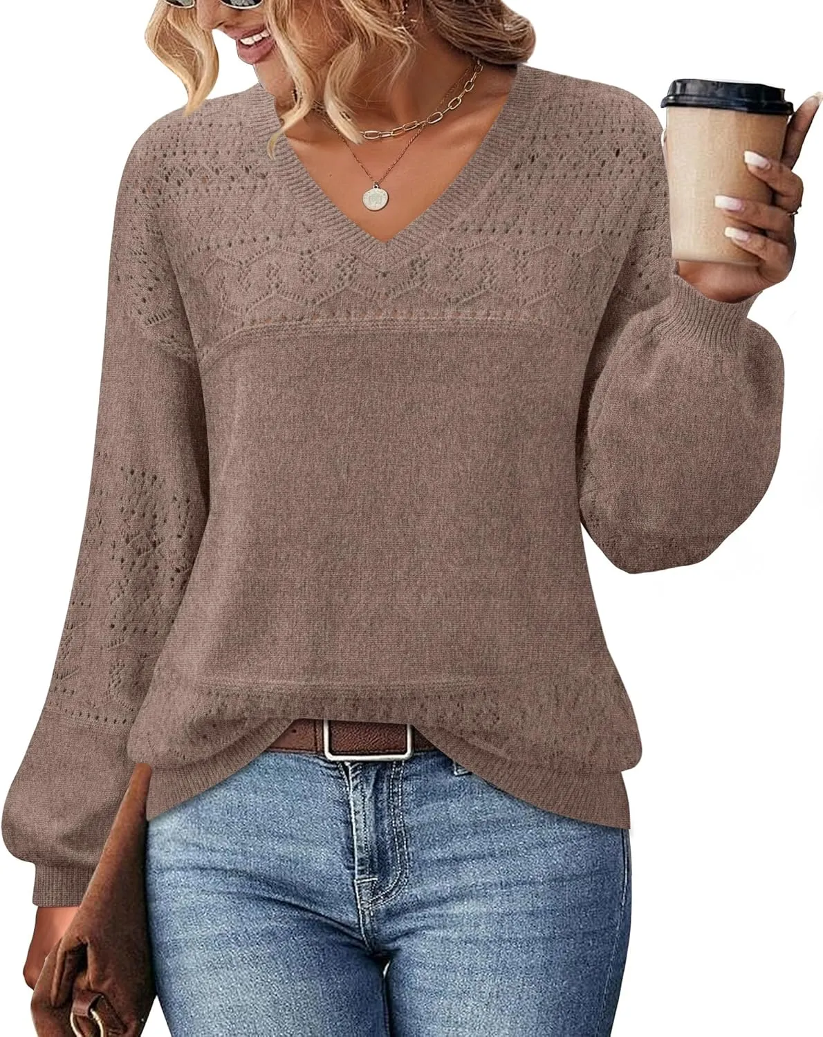 Messic Womens Pullover Sweaters 2024 Casual Long Sleeve V Neck Lightweight Loose Knit Tops