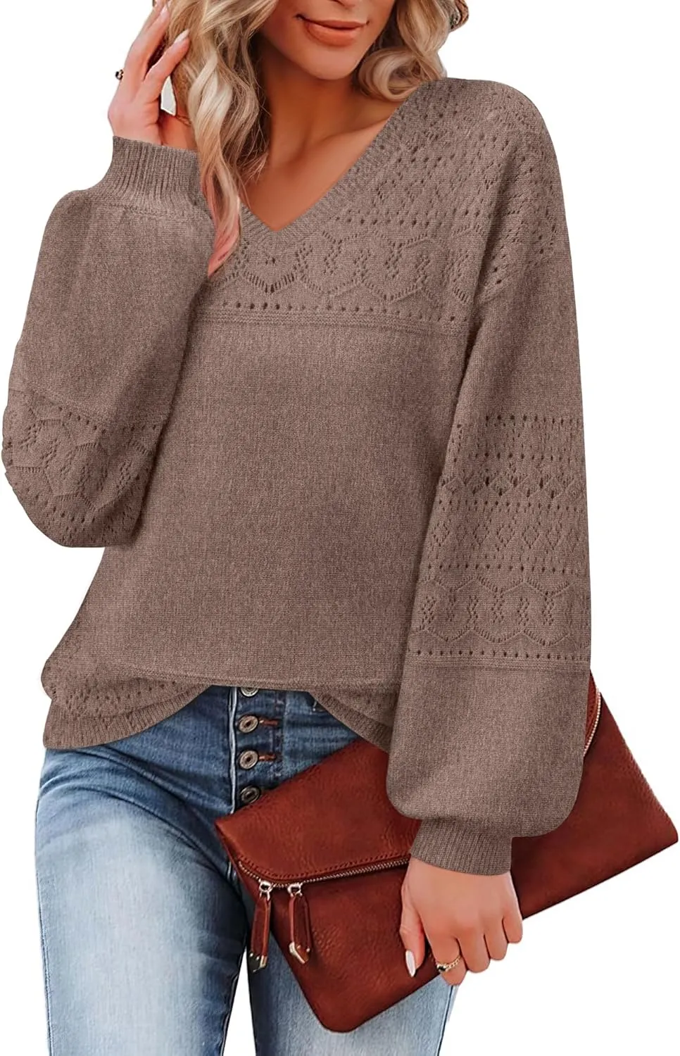 Messic Womens Pullover Sweaters 2024 Casual Long Sleeve V Neck Lightweight Loose Knit Tops