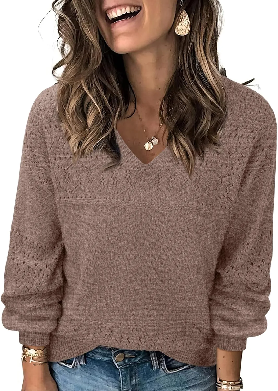 Messic Womens Pullover Sweaters 2024 Casual Long Sleeve V Neck Lightweight Loose Knit Tops