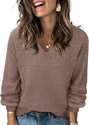 Messic Womens Pullover Sweaters 2024 Casual Long Sleeve V Neck Lightweight Loose Knit Tops