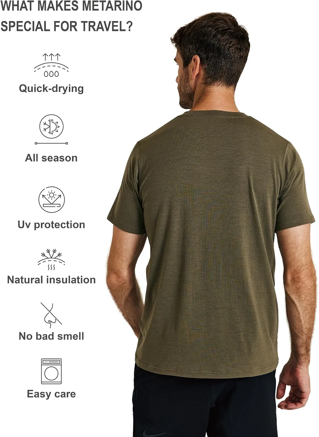 METARINO Mens Merino Wool T-Shirt Short Sleeve Athletic Tees Lightweight Base Layer Undershirt for Running,Workout