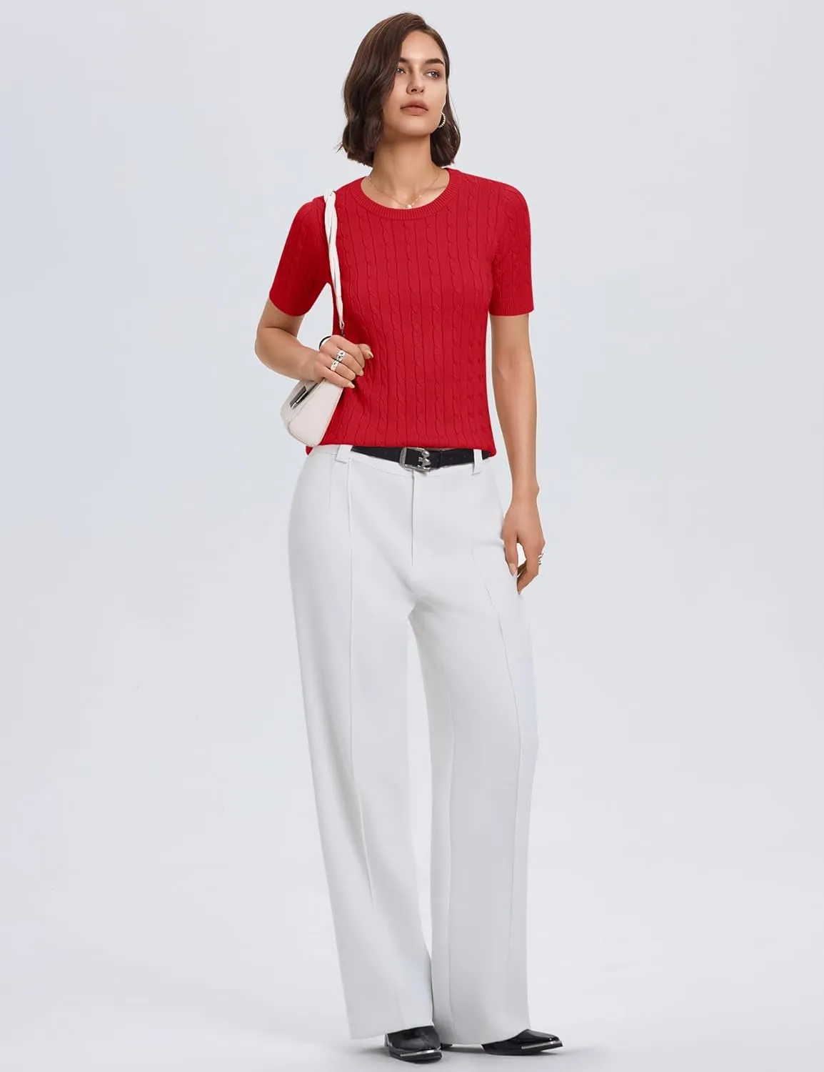 Micoson Womens Short Sleeve Cable Knit Sweater Tops Crewneck Lightweight Spring Summer Shirts Business Dressy Casual Outfits