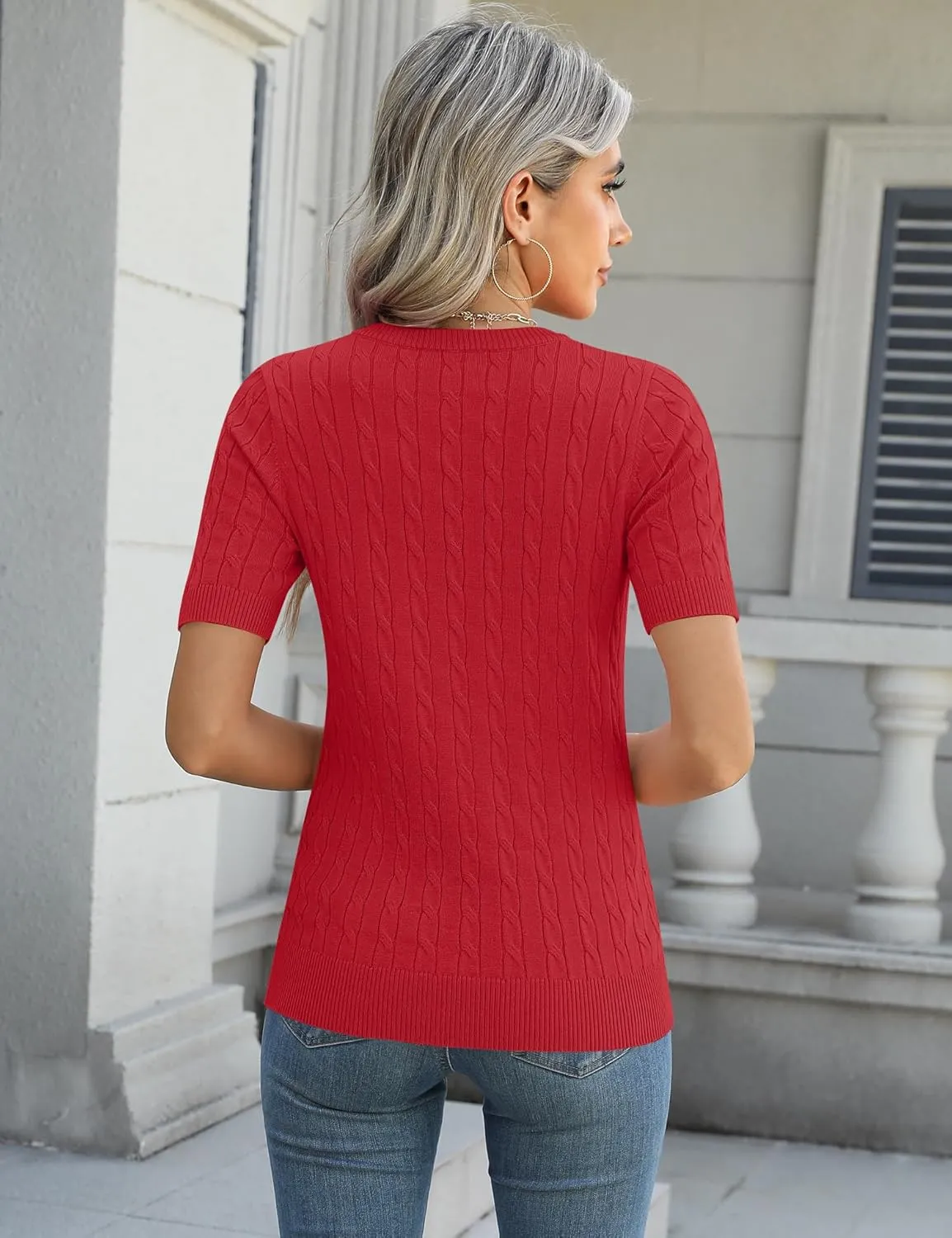 Micoson Womens Short Sleeve Cable Knit Sweater Tops Crewneck Lightweight Spring Summer Shirts Business Dressy Casual Outfits