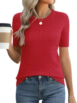 Micoson Womens Short Sleeve Cable Knit Sweater Tops Crewneck Lightweight Spring Summer Shirts Business Dressy Casual Outfits