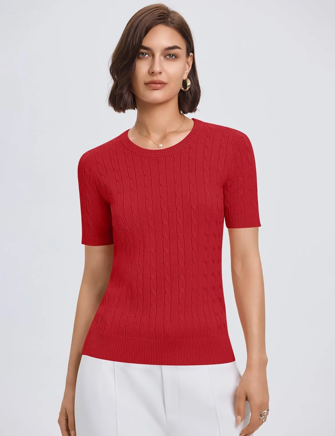 Micoson Womens Short Sleeve Cable Knit Sweater Tops Crewneck Lightweight Spring Summer Shirts Business Dressy Casual Outfits