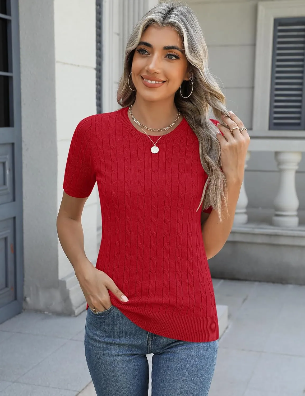 Micoson Womens Short Sleeve Cable Knit Sweater Tops Crewneck Lightweight Spring Summer Shirts Business Dressy Casual Outfits