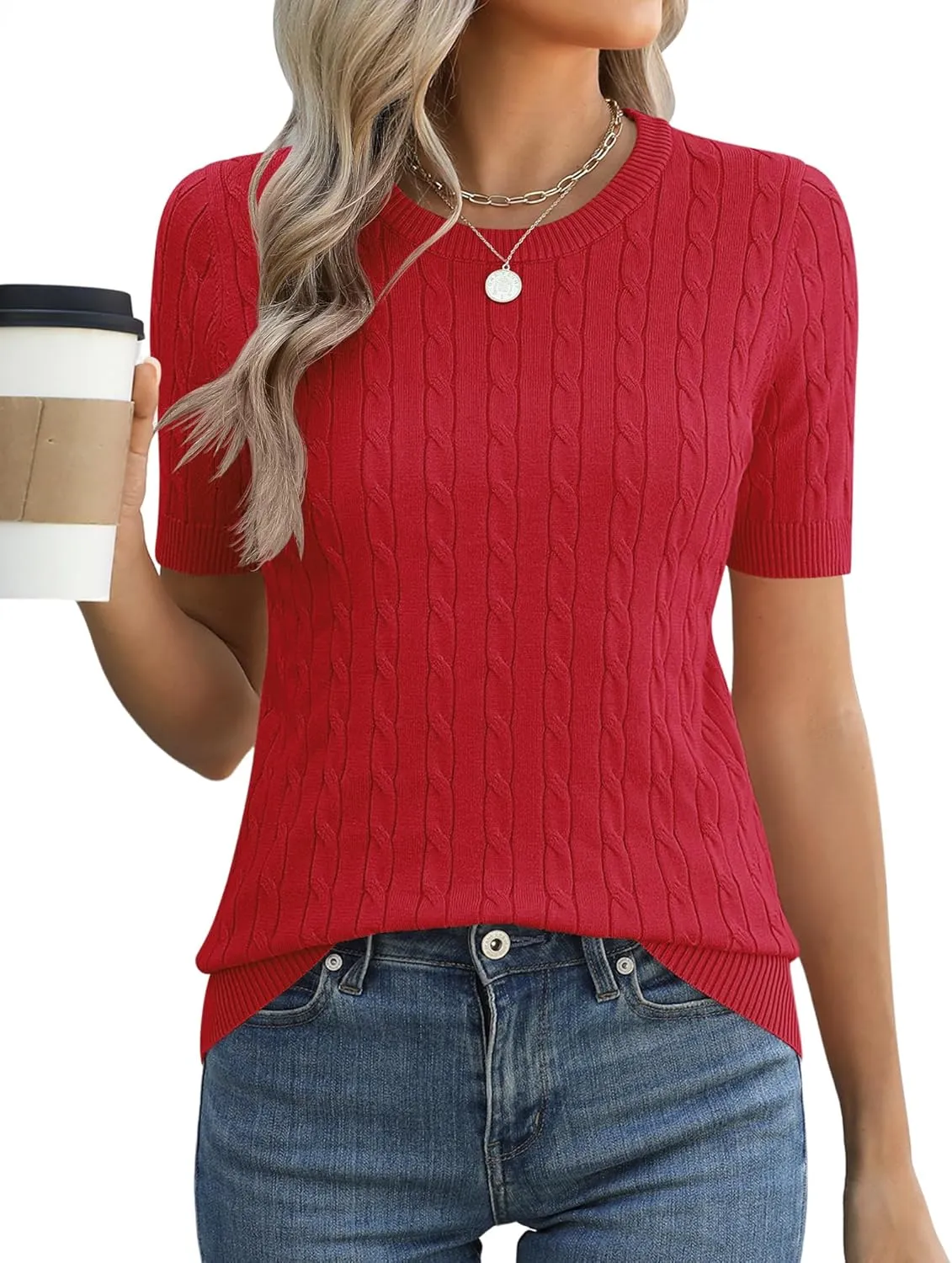 Micoson Womens Short Sleeve Cable Knit Sweater Tops Crewneck Lightweight Spring Summer Shirts Business Dressy Casual Outfits