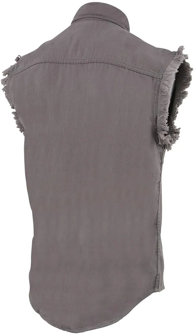 Milwaukee Leather DM1002 Men's Black Lightweight Denim Shirt with Frayed Cut Off Sleeveless