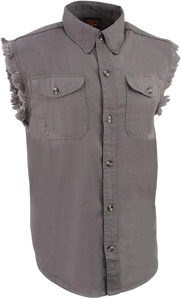 Milwaukee Leather DM1002 Men's Black Lightweight Denim Shirt with Frayed Cut Off Sleeveless