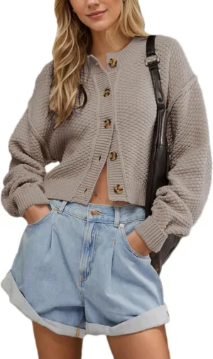 Mingzhu Womens Cardigan Sweaters Cropped Cable Knit Sweater Casual Button Down Open Front Chunky Cardigan