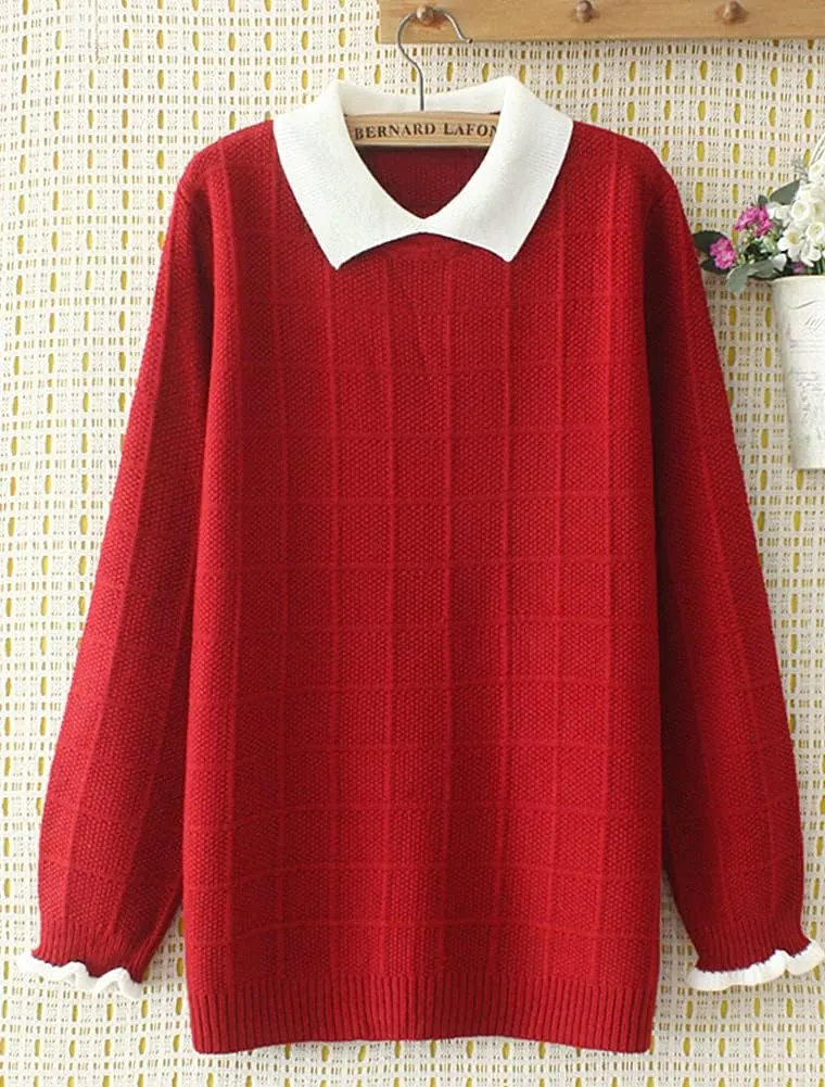 Minibee Women's Pan Collar Knitted Sweater Casual Pullover Sweatshirt