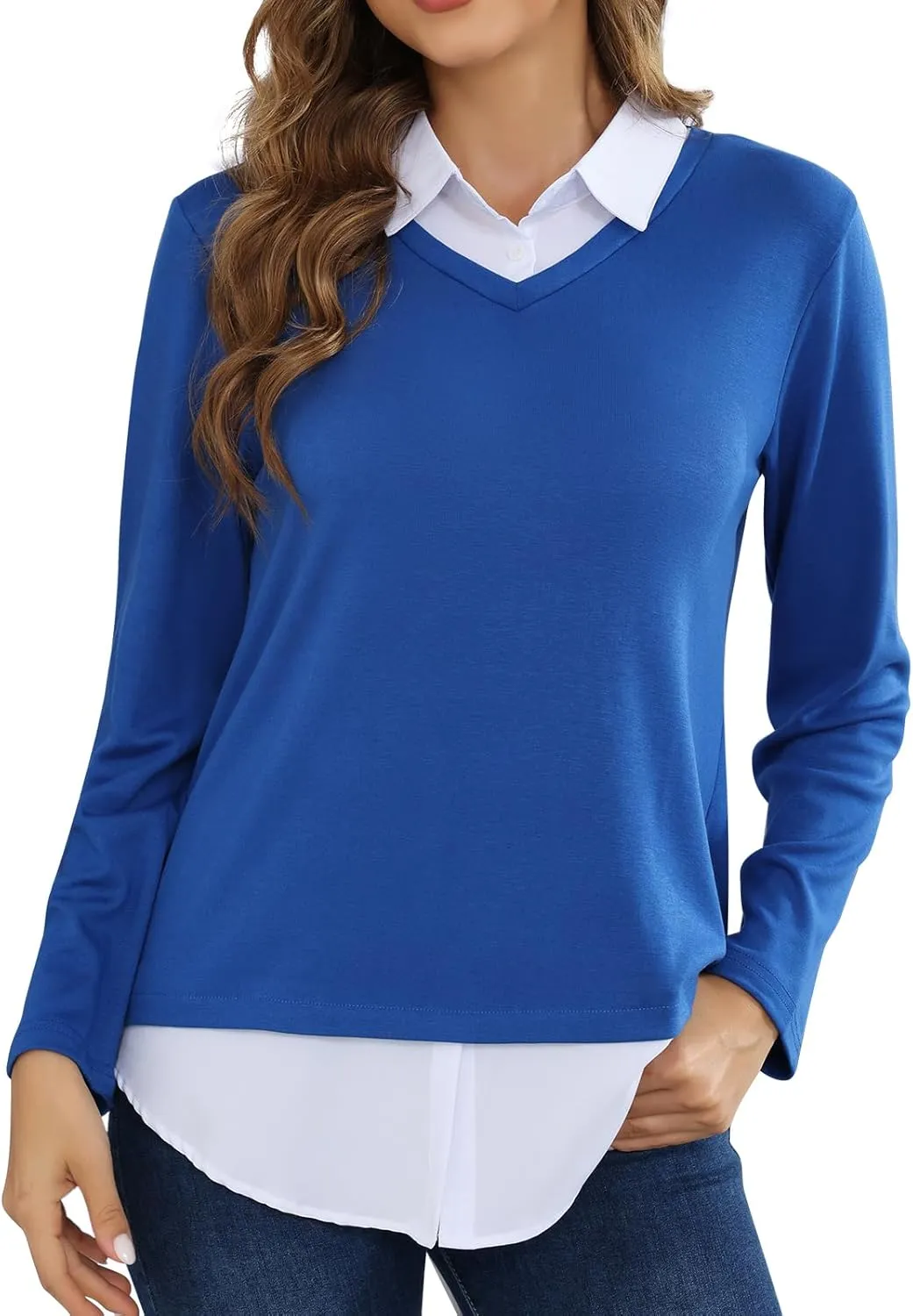 MISS FORTUNE Women's V-Neck Collar 2 in 1 Office Tunic Sweater
