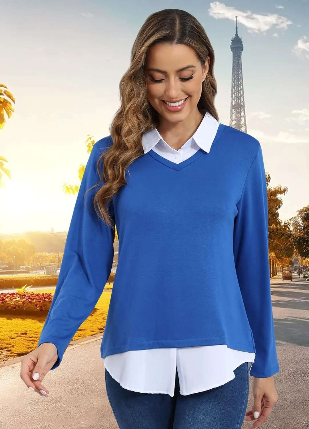 MISS FORTUNE Women's V-Neck Collar 2 in 1 Office Tunic Sweater