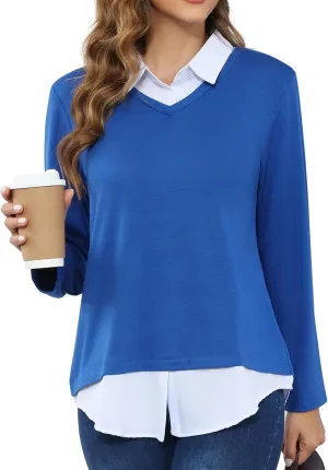 MISS FORTUNE Women's V-Neck Collar 2 in 1 Office Tunic Sweater