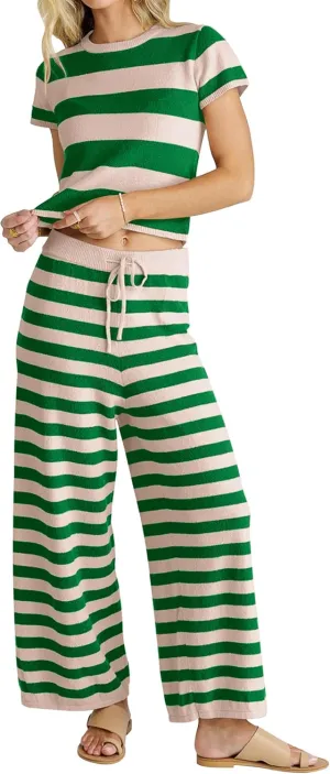 MISSACTIVER Women's Striped Two Piece Sweater Outfits Short Sleeve Pullover Tops and High Waisted Wide Leg Pants Lounge Sets