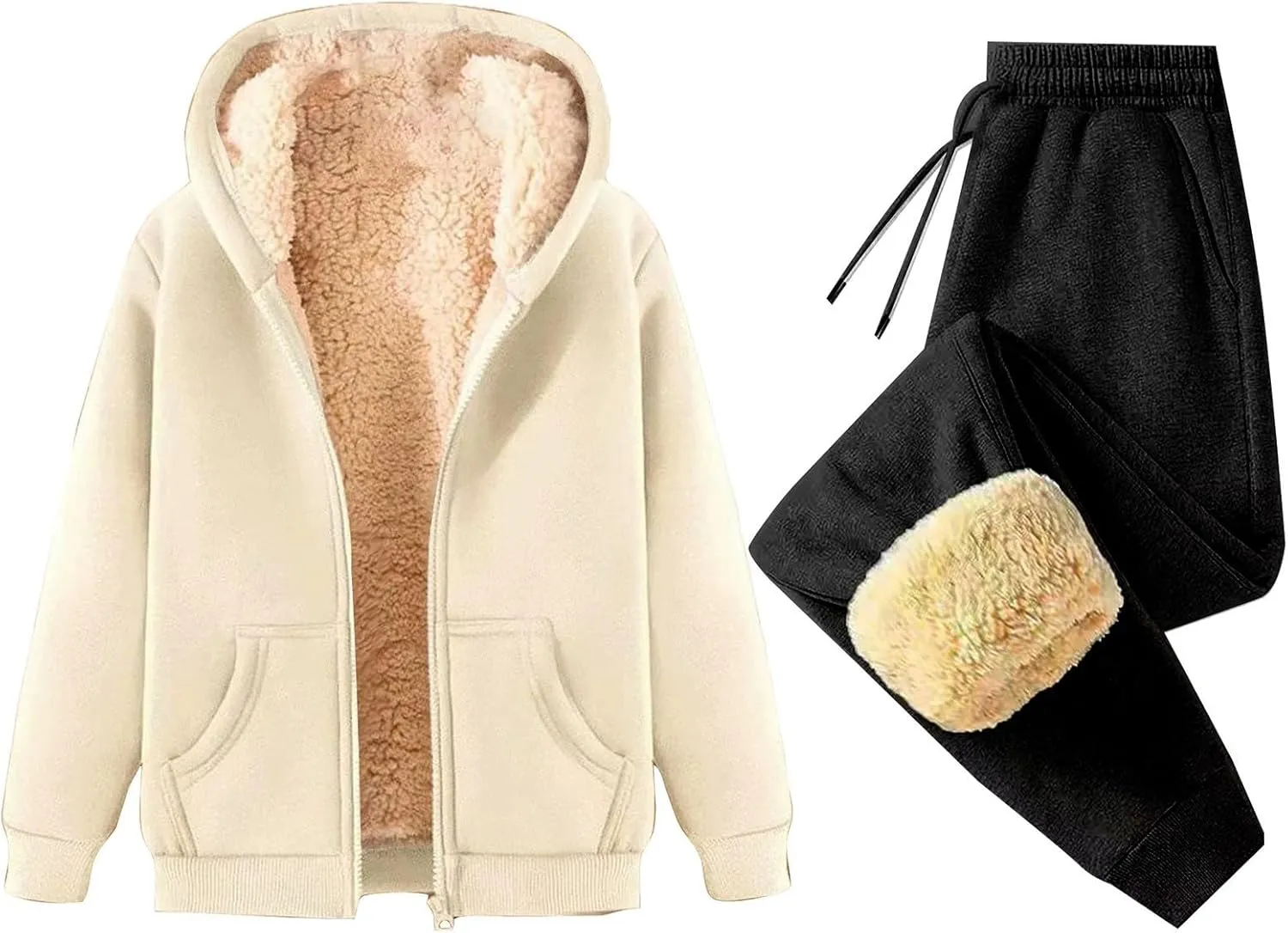 Miyaomn Women's Fleece Sweatsuit 2 Piece Outfit Winter Sherpa Lined Tracksuit Warm Thick Hooded Jacket and Jogging Pants Sets