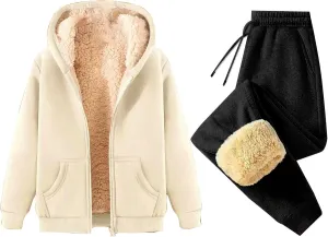 Miyaomn Women's Fleece Sweatsuit 2 Piece Outfit Winter Sherpa Lined Tracksuit Warm Thick Hooded Jacket and Jogging Pants Sets