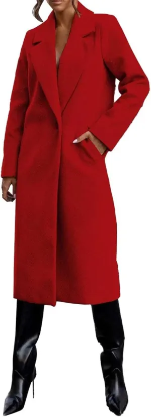 Miyaomn Womens Trench Coat Winter Notched Lapel One Button Mid-Long Pea Coat Casual Work Office Overcoats Jacket with Pockets